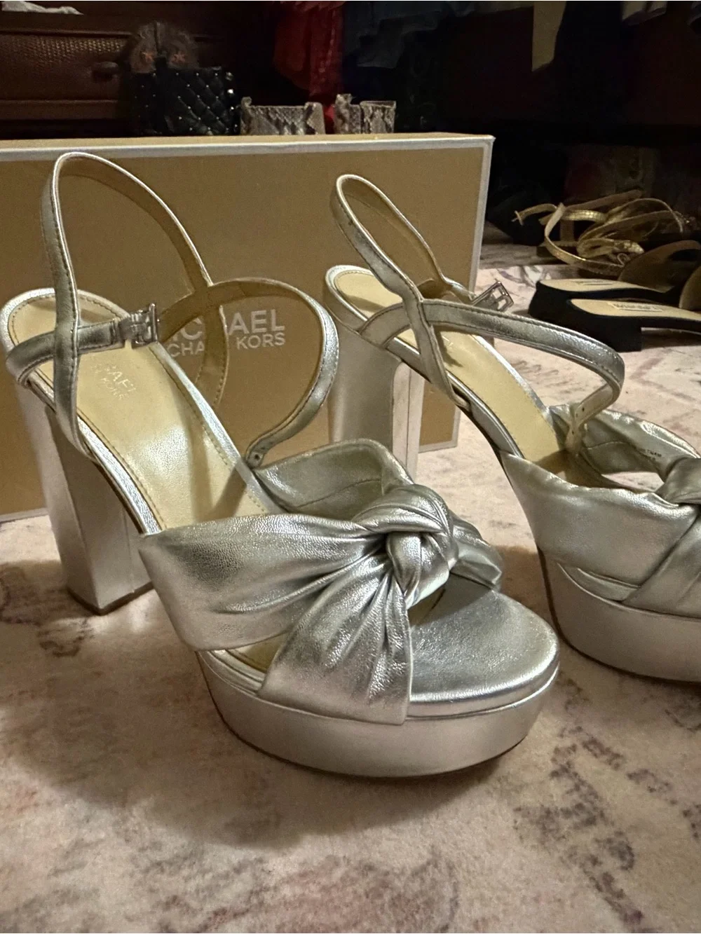 Michael Kors Silver Knot-Front Platform Slingback Heels - Worn once!!”